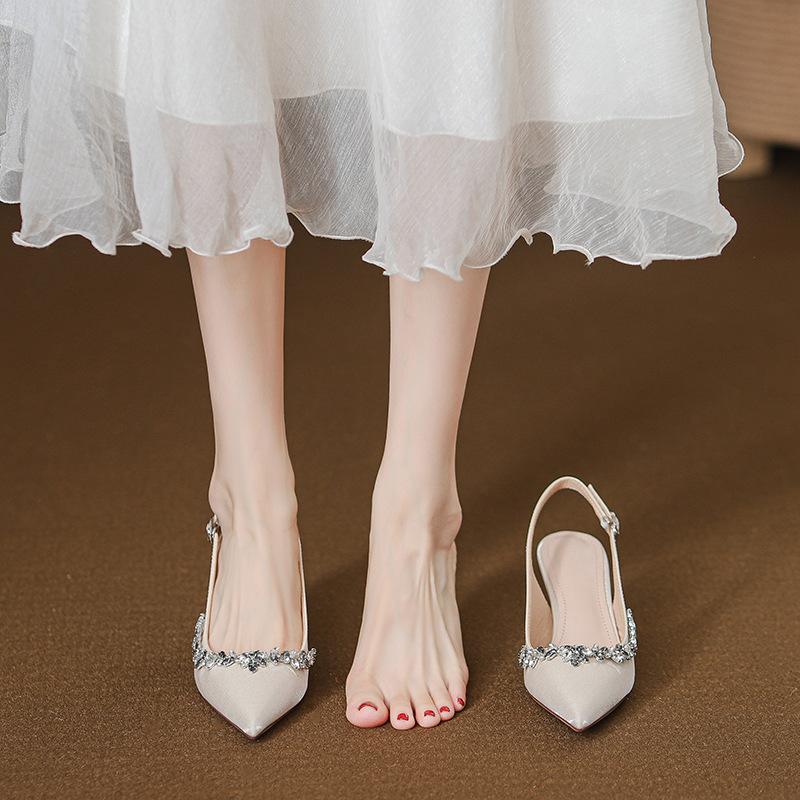 2025 new summer temperament high heels French thin heel pointed word beautiful bag head sandals rhinestone women's shoes