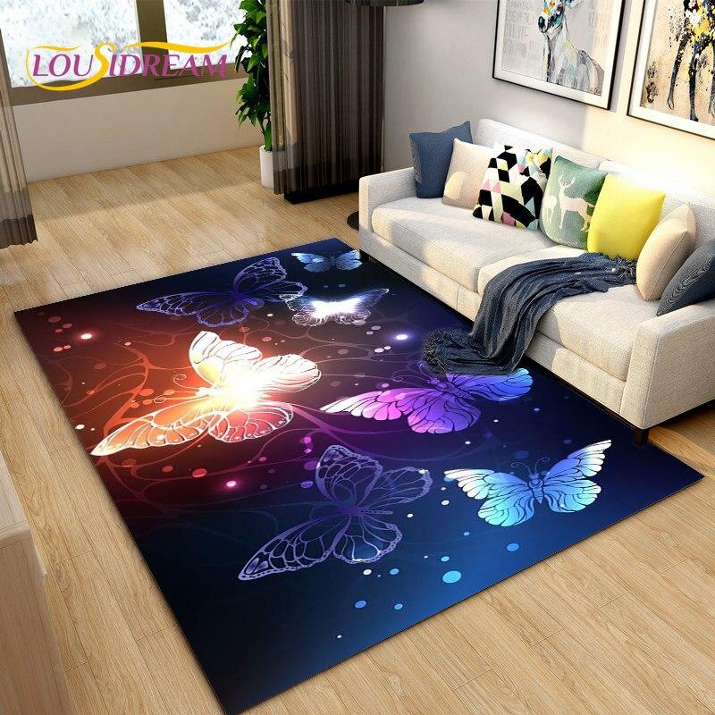 3D barevný koberec Butterfly Flower Area,Koberec do obývacího pokoje Ložnice Pohovka Yoga,Kuchyně Koupelna Rohožka Protiskluzová podložka na podlahu