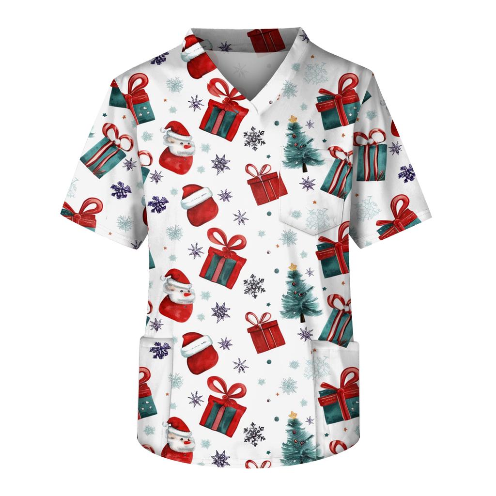 Men's Printing Short Sleeve V-neck Working Blouse Chest Pocket Carer Top