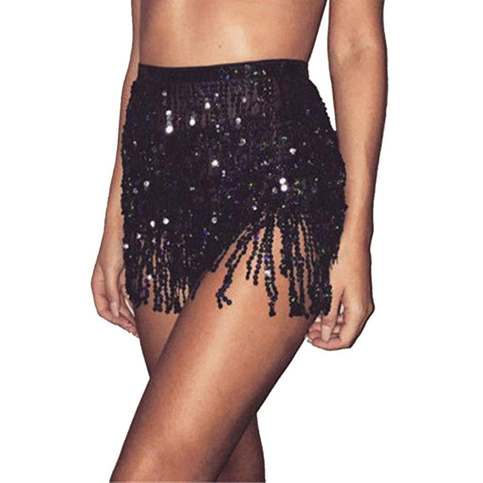 

Women Sexy Belly Skirt, Sequined Fringe Miniskirt with Adjustable Waist Straps, Mini Skirt for Dance Performance, Rave Party One Size чёрный
