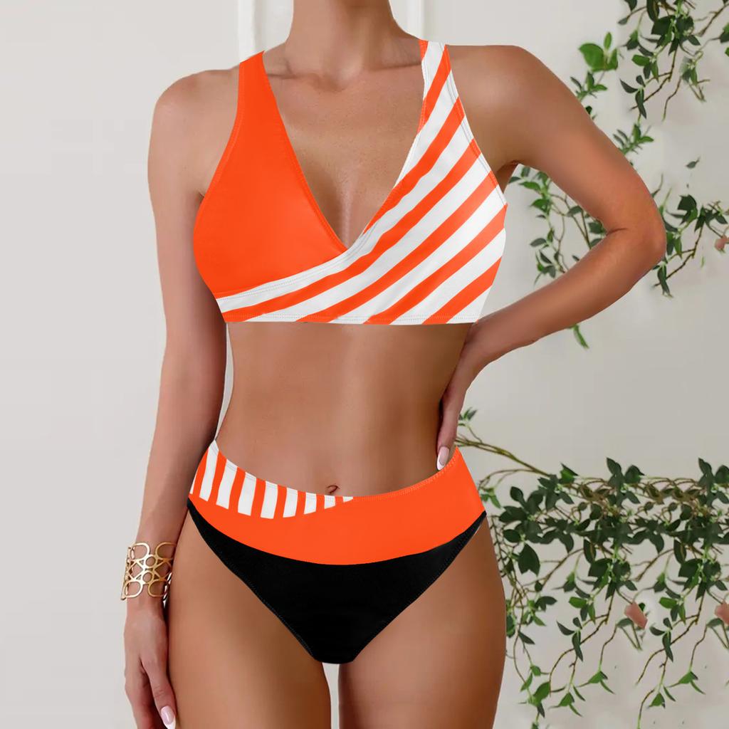 Women's Halter Half Edge Stripe Print Bikini Tankini Swimsuit
