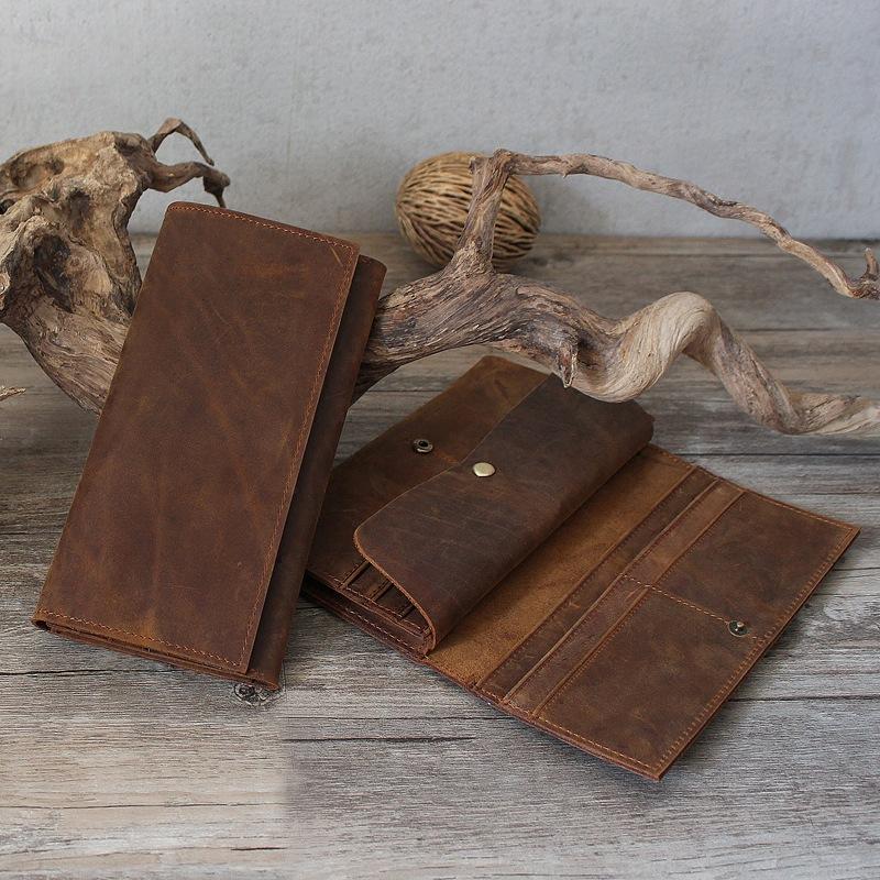 Men's and Women's Long Wallet, Wallet Clip Layer, Cowhide, Crazy Horse Leather Buckle