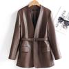 Womens V-Neck Mid-Length Leather Blazer Coat With Waist Tie Slim Fit Jacket Fashion