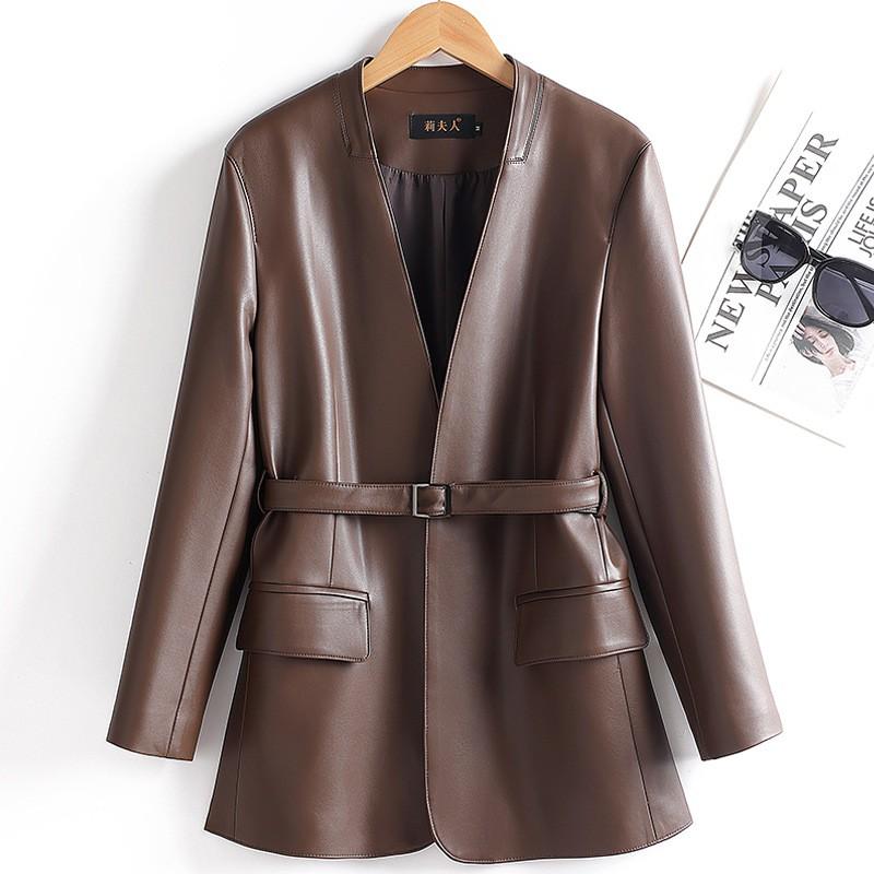Womens V-Neck Mid-Length Leather Blazer Coat With Waist Tie Slim Fit Jacket Fashion