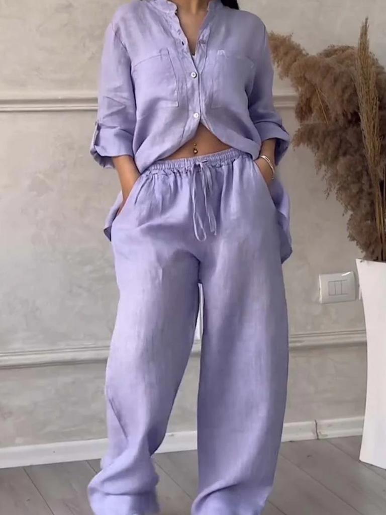 New Women's Solid Color One-Button Long Sleeve Shirt Two-Piece Set Wide Leg Pants with Tie Waist Trousers for Women