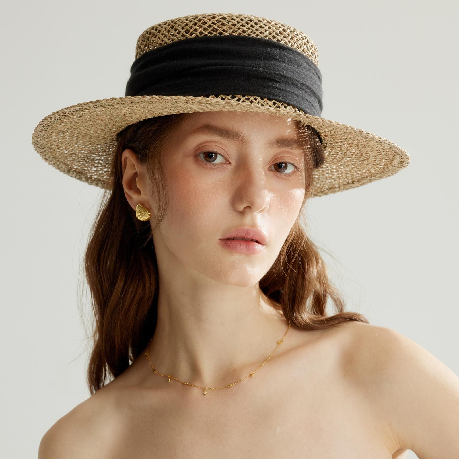 

USPOP Natural Straw Hat for Women Spring Summer Sun Hat Fashion Hollow Woven Beach Hat for Women 56-58CM чорний