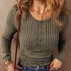 Autumn Winter Round Neck Tshirts Women's Button Style Solid Color Long Sleeved T-shirt Top