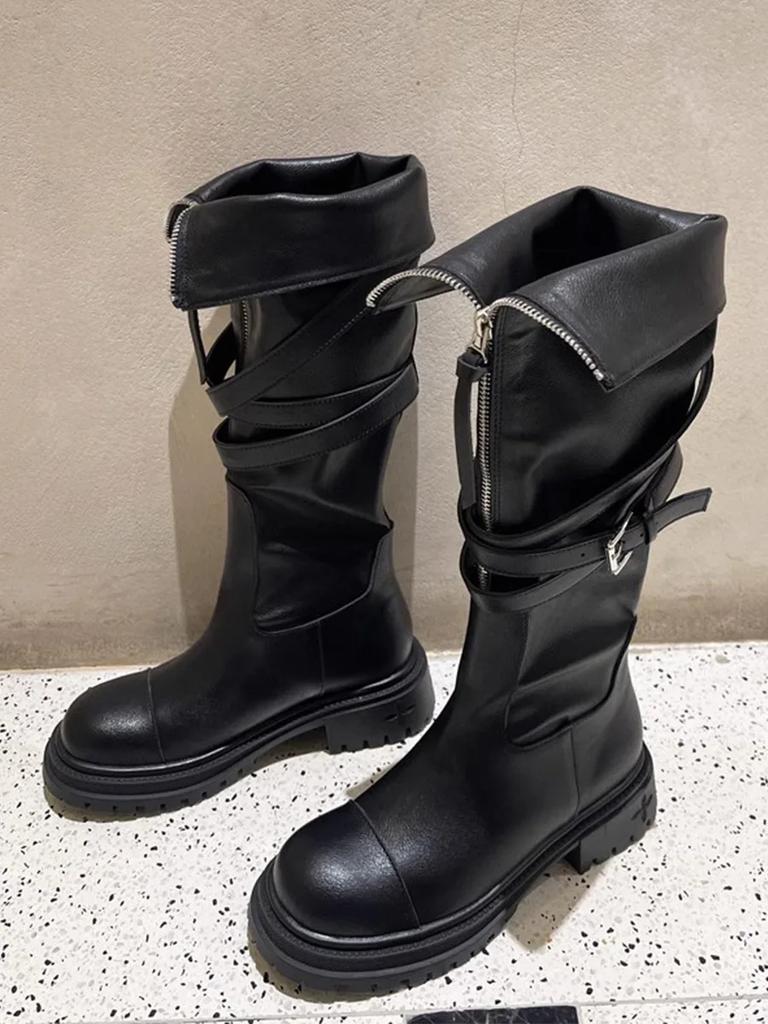 2024 Autumn But Knee-length Boots Female Belt Buckle Thick Bottom Biker Boots Tall Fashion Boots Shoes for Women Botines Mujer