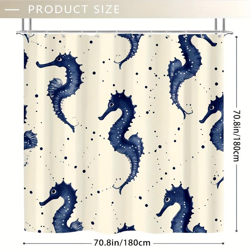 1pc Navy Blue Seahorse & Star Shower Curtain, Durable Polyester, Easy Clean, Space Theme