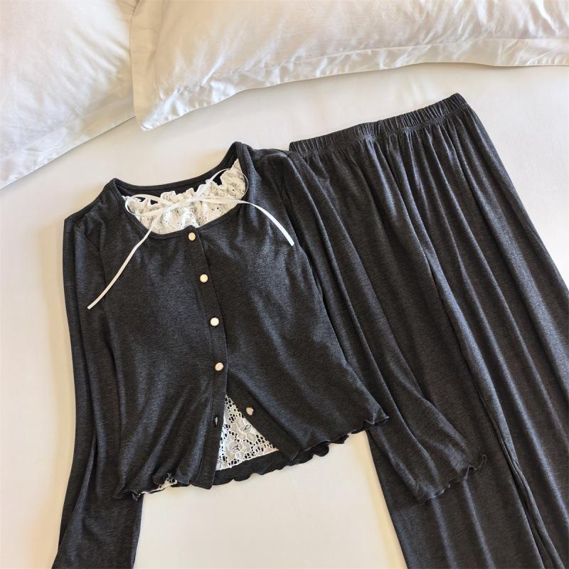 Chunqiu Damen Süßes Spitzen Modal Viskose Pyjama-Set mit Brustpolster - Langarm & Hose
