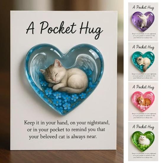 Cat Memorial Pocket Hug with Inspirational Card Emotional Support Heart-Shaped Sleeping Cat Charm Keepsake Figurine Decoration Cat Owners Lovers Gift