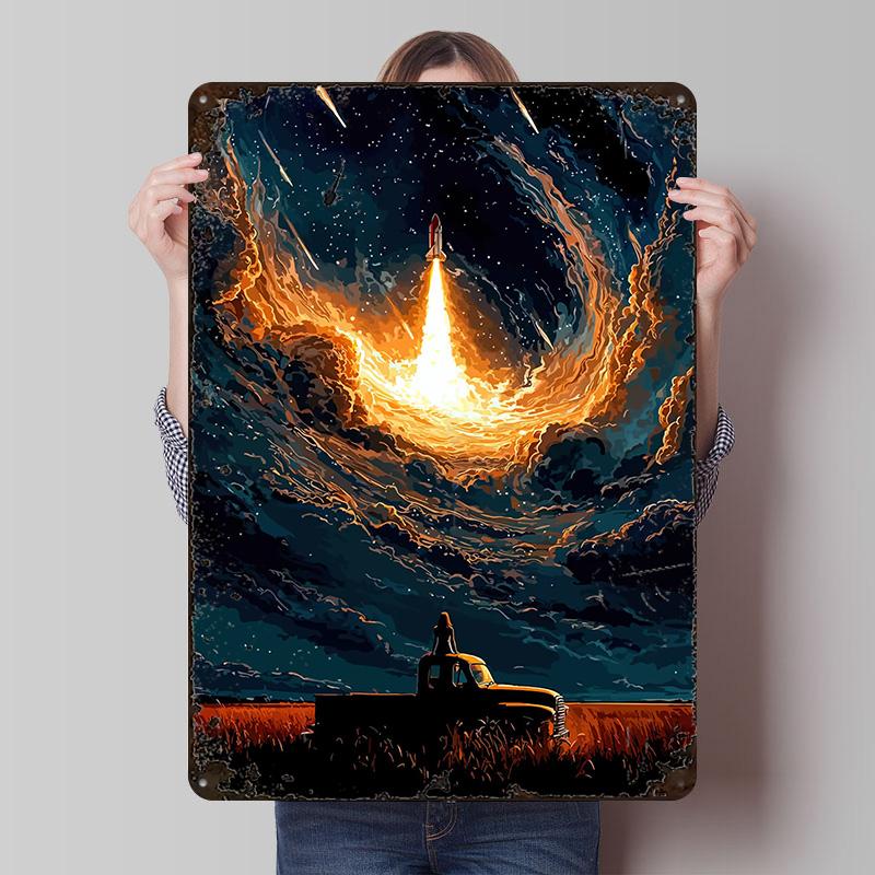 Rocket Launch Night Printed Poster Customized Wall Art Retro Vintage Metal Tin Signs for Room Decoration Bedroom Decorations
