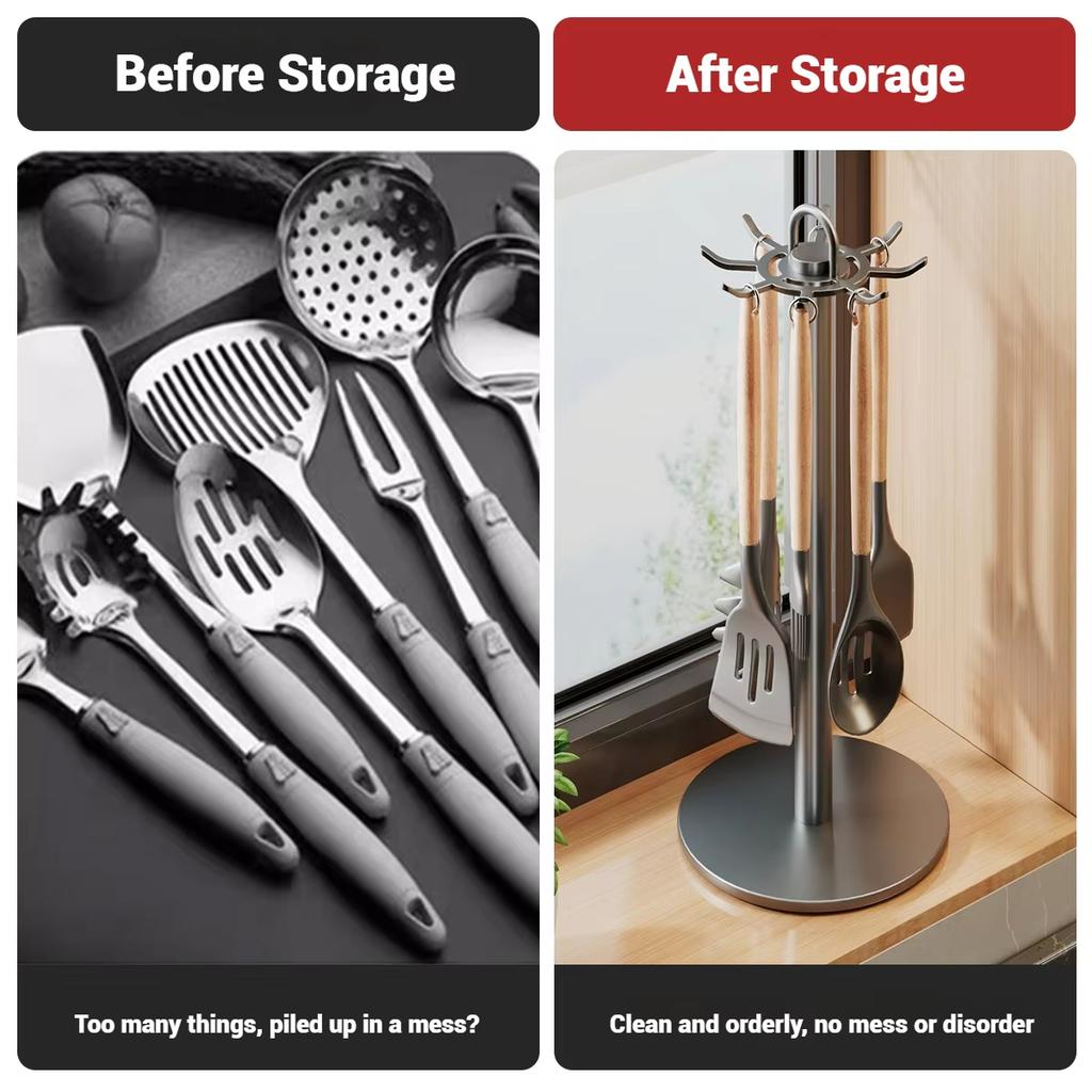 1pc Kitchen Rotating Spatula Rack Home Eight Hooks Kitchenware Holder Movable Cooking Utensils Storage Rack Kitchen Organizer