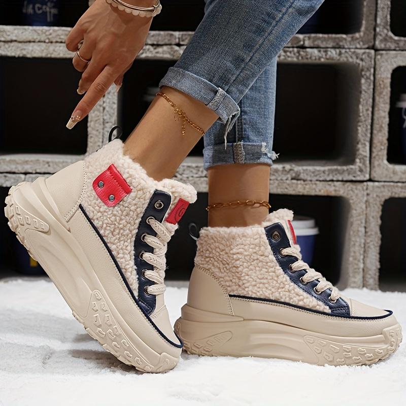 Stylish Winter Women's Thick-Soled Ankle BootsWhite & Pink Accents for Casual Attire, Everyday Footwear, Durable Traction Footwear