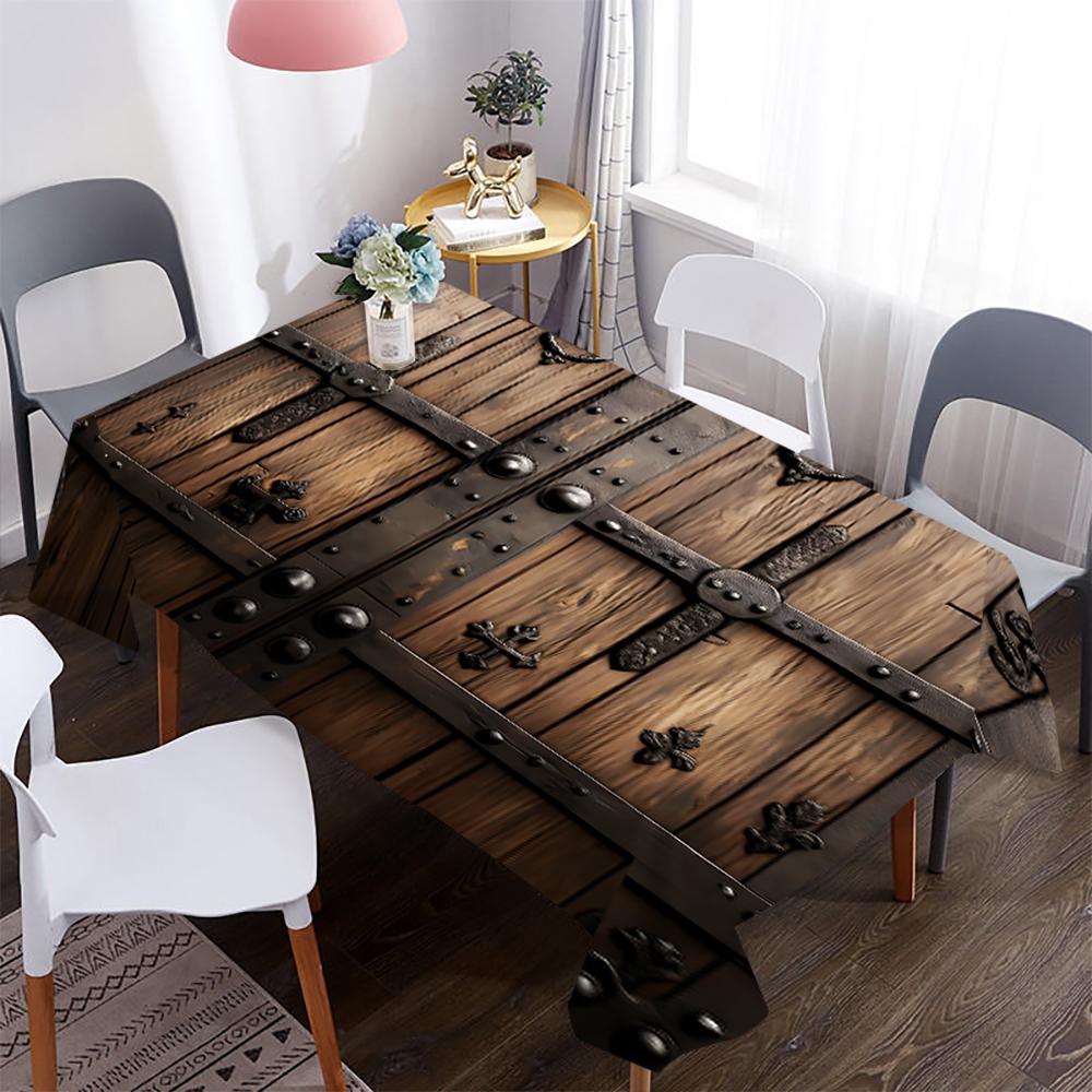 Durable Polyester 1pc Wood Grain & Vintage Steel Printed Tablecloth | Square Table Cover for Dining Room Decor