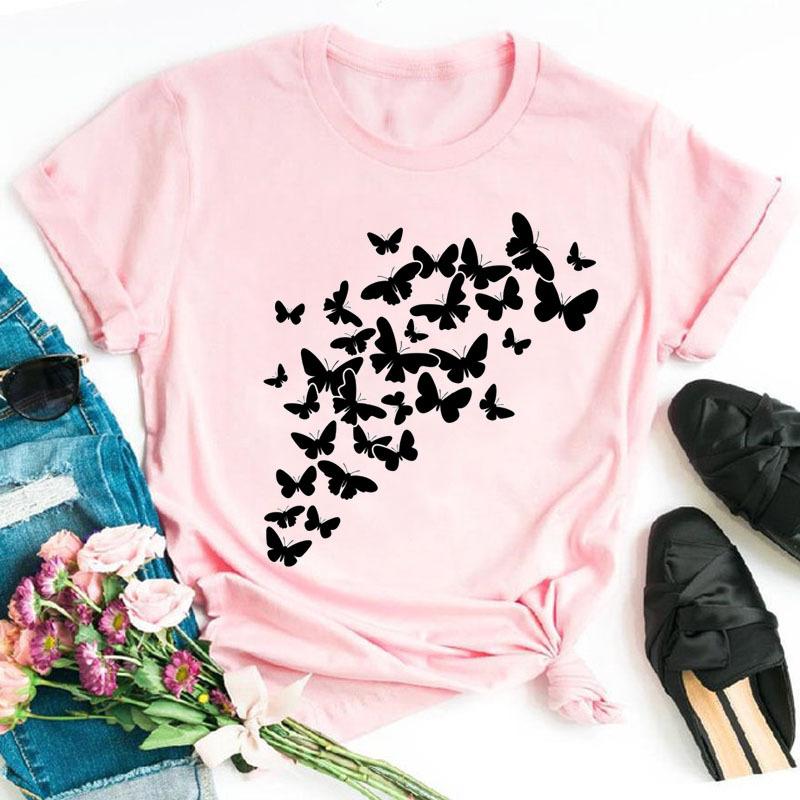 Fashionable Plus Size Color Butterfly Print Simple Base Shirt Loose Fitting Clothes Pure Cotton T-Shirts Women’s