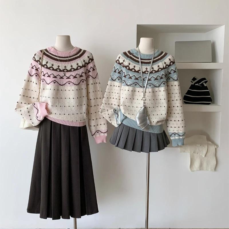 Japanese Retro 2024 Women Patchwork Elegant Knitted Sweater Autumn Winter Long Sleeve Round Neck Pullover Trendy Chic Clothing