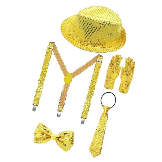 5 Pcs/Set 80s 90s Disco Accessories for Men Women Sequin Hat Harness Belt Gloves Bowtie Necktie Disco Costume Set for Carnival Masquerade Halloween