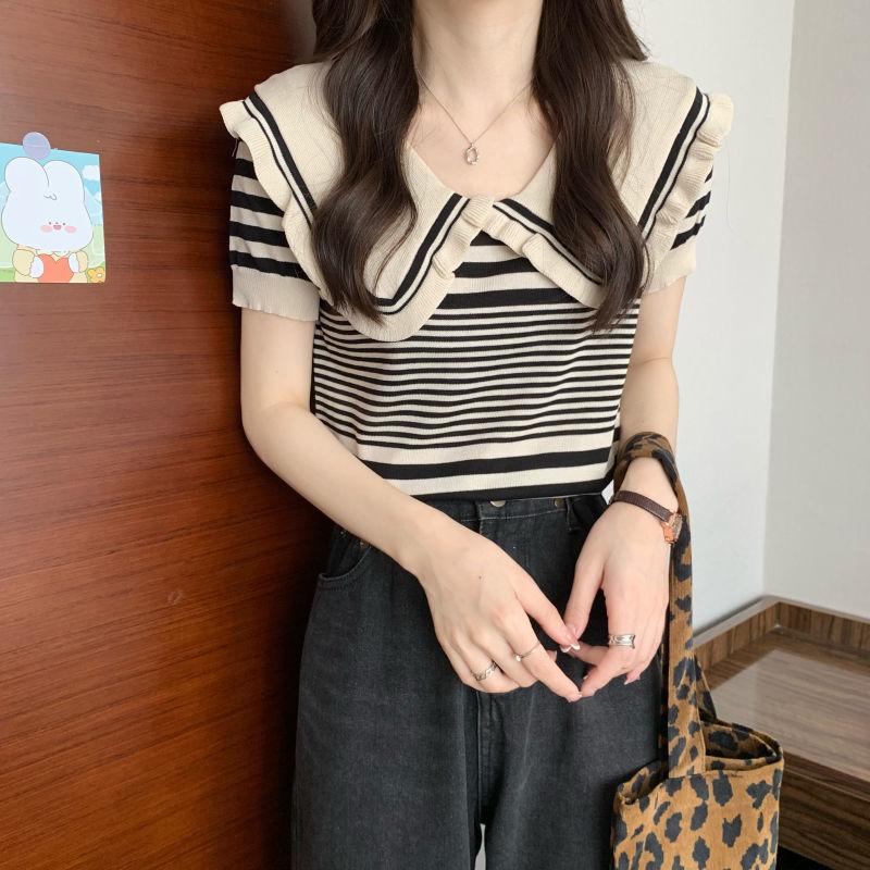 

Футболка Design Sense Niche с короткими рукавами, женская летняя, сладкая и пряная, с кукольным воротником, американский ретро-полосатый трикотажный топ, модный S