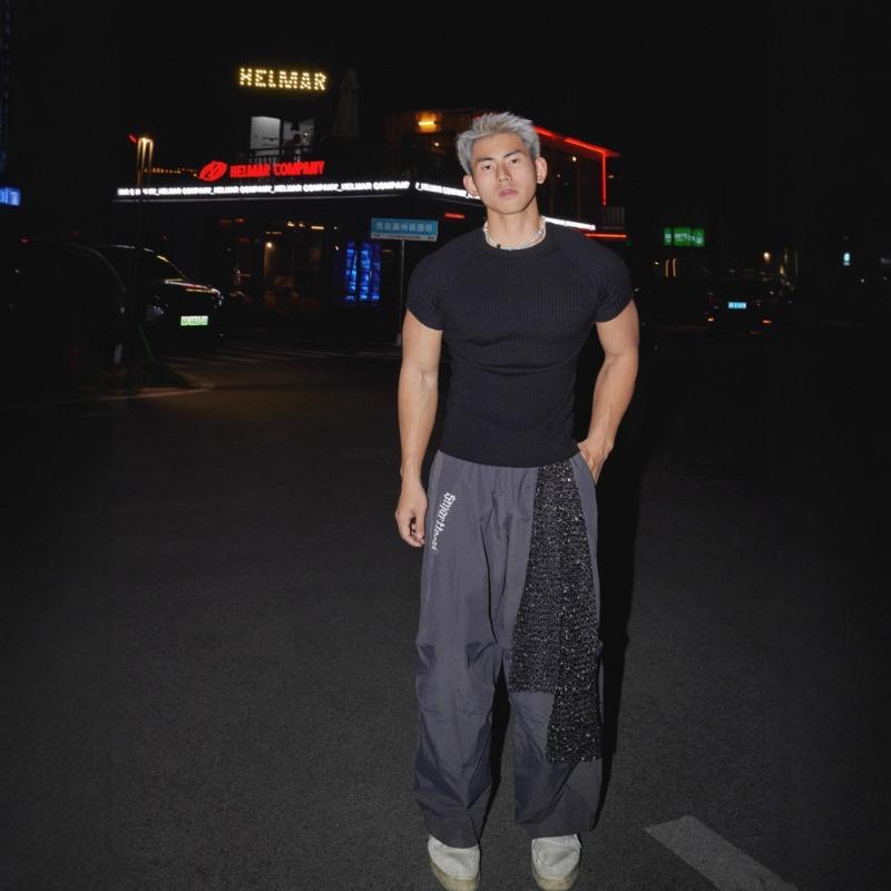 High Street Slack Sequins Straps Scimitar Casual Pants Men's and Women's Pleated Paratrooper Pants Loose Wide Leg Overalls