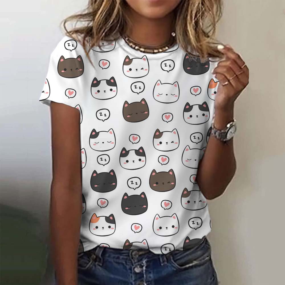 Women Cute Cat Flower Graphic Print Casual Short Sleeve Summer Street Fashion Tops Outdoor