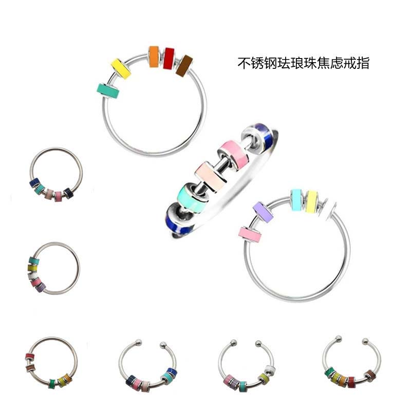 Yerik Stainless Steel Drip Oil Rotate Bead Anxiety Rings for Women Fashion Colorful Enamel Unisex Fidget Ring Trendy Jewelry