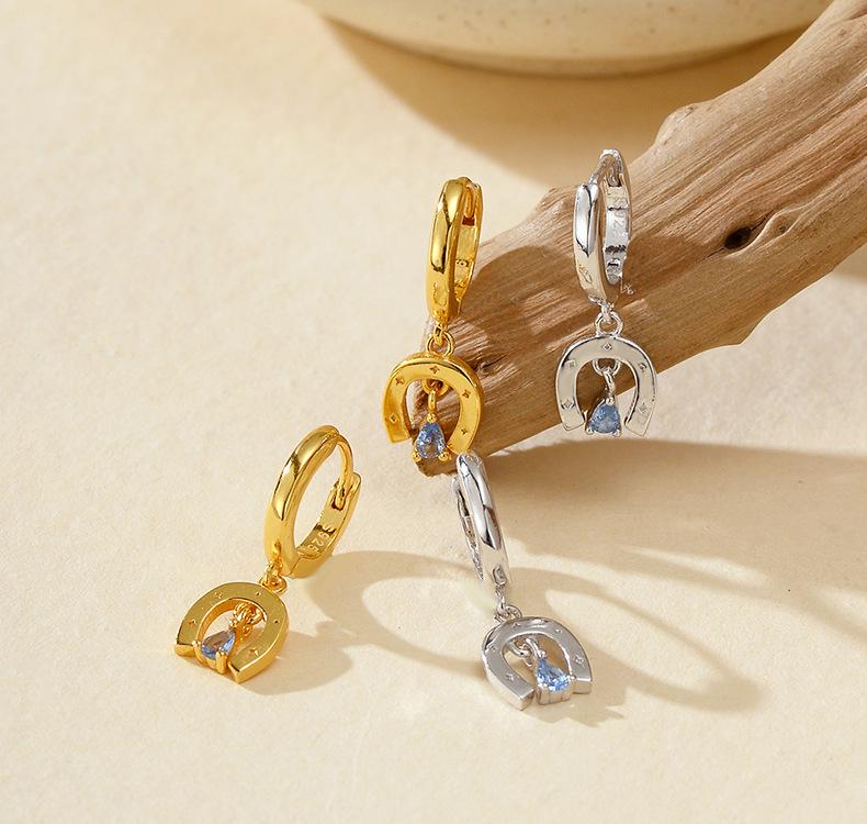 European-American S925 Silver Starry Lake Blue Zircon Water Drop Ear Cuffs - Temperamental Women's Geometric Fashion Earrings