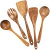 Teak 9-Piece Kitchen Set: Solid Wood Spatula, Spoon, Fork, Non-stick Pan, Acacia Wood Utensils, Long Handle Pot & Vegetable Spatula