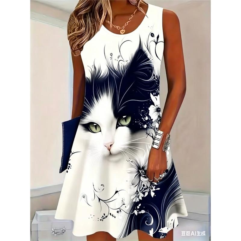 

Fashion Cat Pattern Women Mini Dresses Summer Sleeveless 3D Printed Street Hip Hop Ladies Dress S