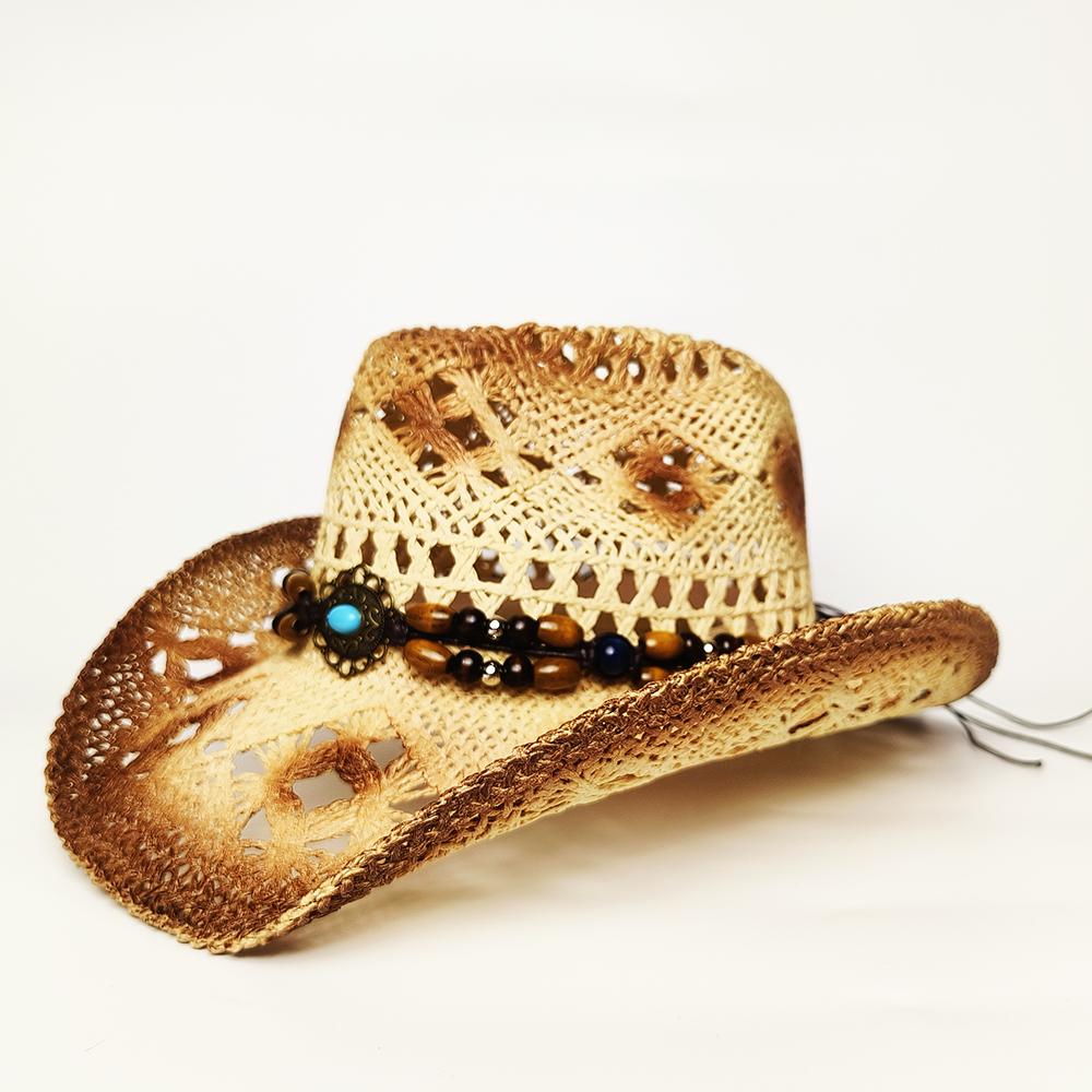 Sombrero de paja hueco Sombreros de vaquero de paja Sombreros de sol de fieltro occidentales para la playa Gorra de fiesta para hombre mujer Caqui Verano Sombrero de paja Jazz