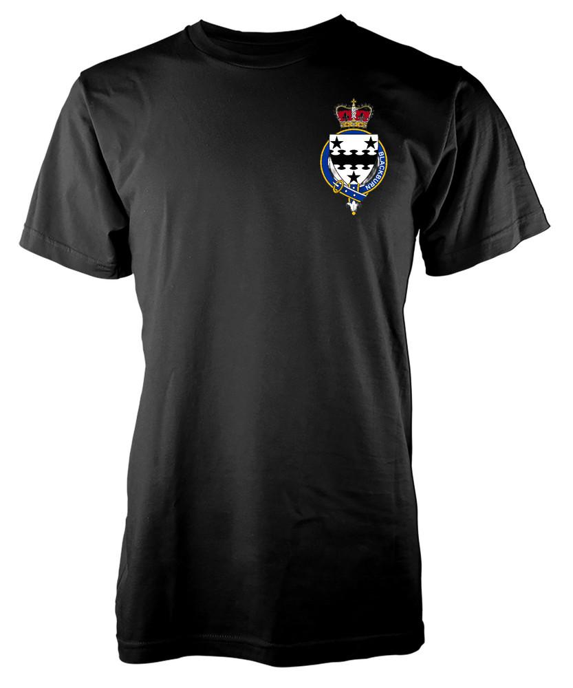 

Personalised Blackburn Family Name T-Shirt Family Crest Badge Coat Of Arms Adult L
