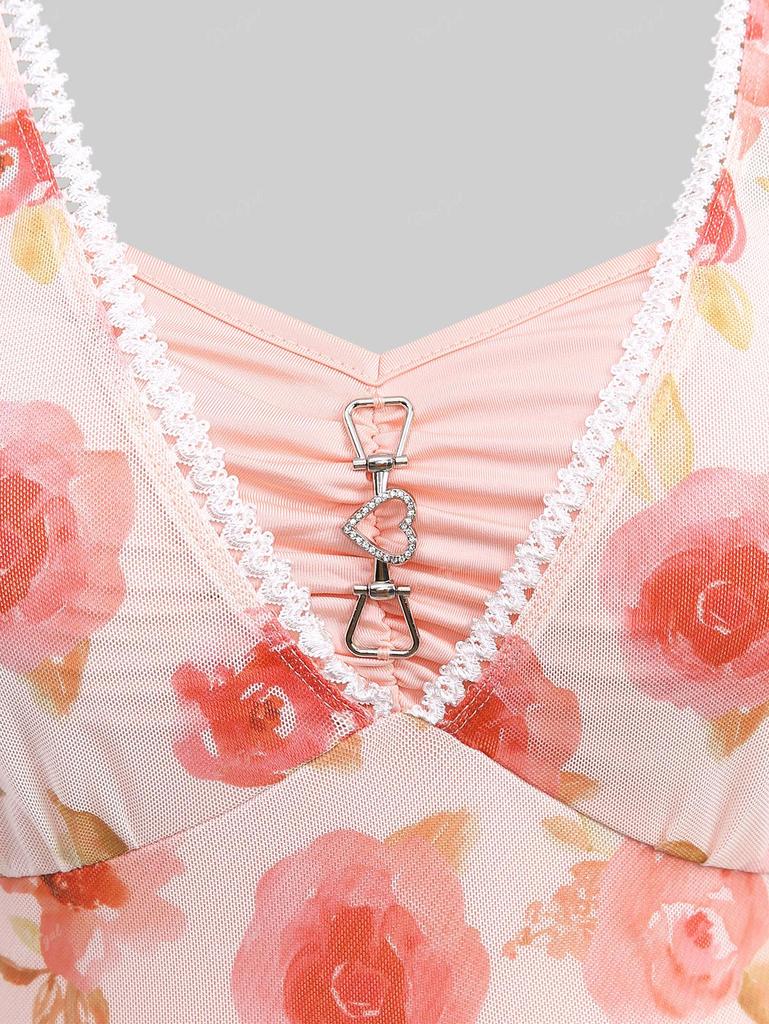 Rosegal Übergröße, Fledermausärmel, Rosenblütenblatt-Druck, Netzstoff, Herzkettendekor, gerüschtes Valentinstags-2-in-1-Top