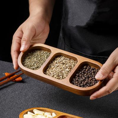 Solid Wood Tray 2/3/4 Grid Seasoning Tray Breakfast Food Sushi Bread Dessert Sauce Tray Kitchen Dinner Seasoning Tray