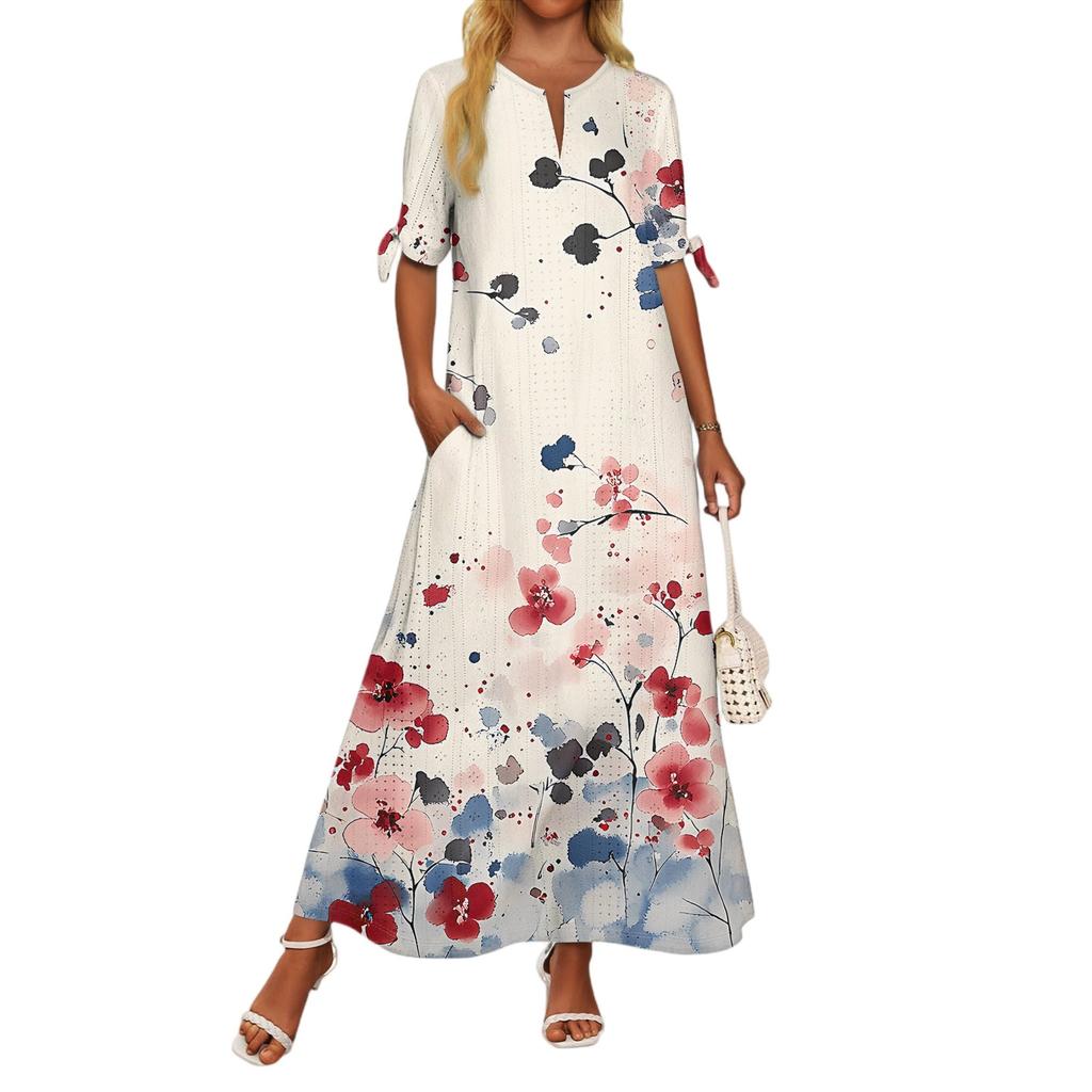 Ladies Casual Fashion Temperament Elegant Waist Patchwork Floral Print Long Dress