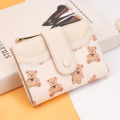 Portafoglio da donna con orsetto di peluche dei cartoni animati, grande capacità, chiusura a scatto, tasca portamonete, pochette pieghevole multifunzionale