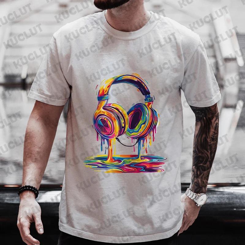 Summer Men's Oversized Clothing Hip Hop Melting Headset Graphic Tee Shirt Men Casual Streetwear Funny Printed Tops Cool T-shirt