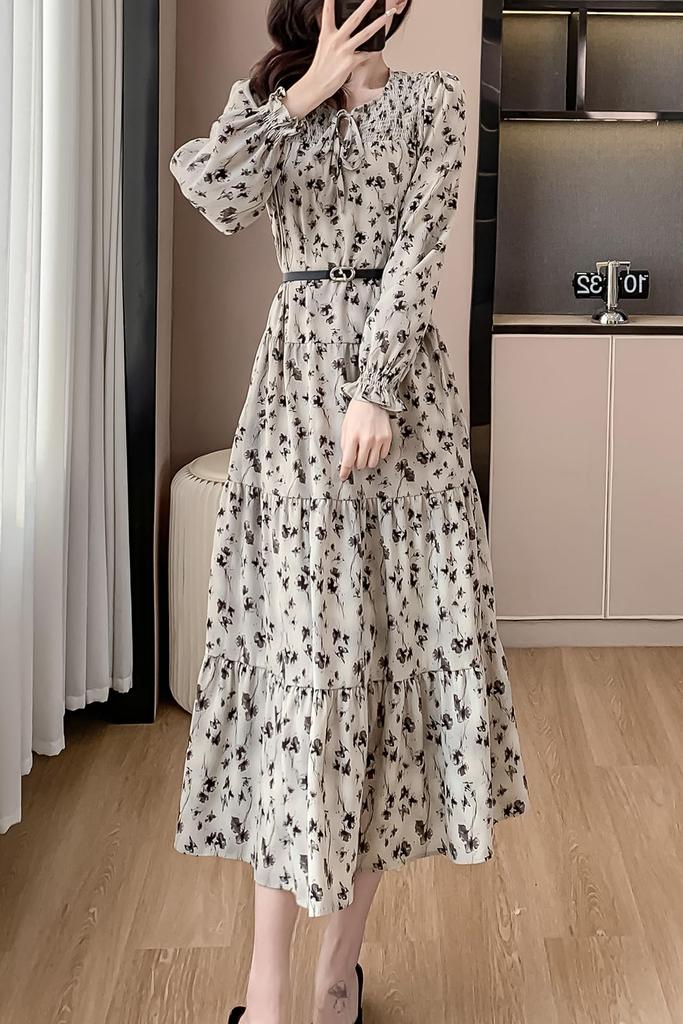 Floral Chiffon Long with Stylish and Elegant for Spring and Autumn [Chubikime] Women's Dress, A-Line, Flared, Belt,