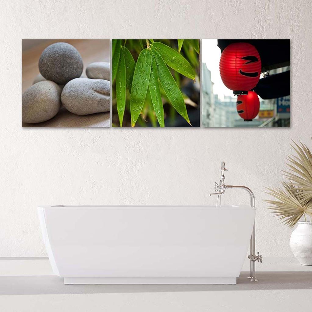 Set of Three Pictures Canvas Print Stones Leaves
