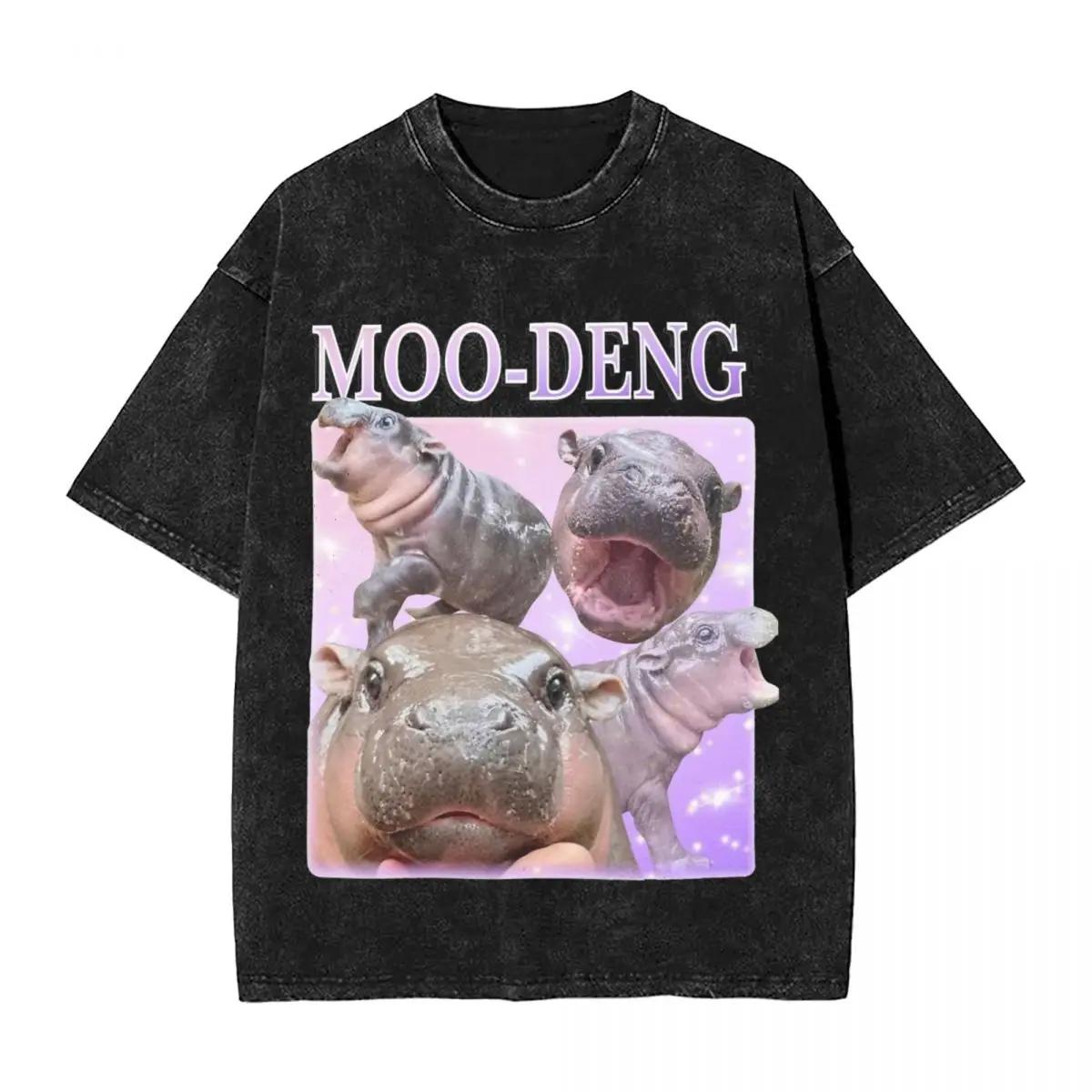 Original Moo-Deng The Famous Pygmy Hippo Washed T Shirt Couple Streetwear Casual T-Shirts Summer Crew Neck Tees Oversize Tops S