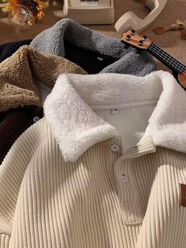 Men's Corduroy Polo Collar Fleece Lined Jacket - Hong Kong Style Winter Wear for Teens