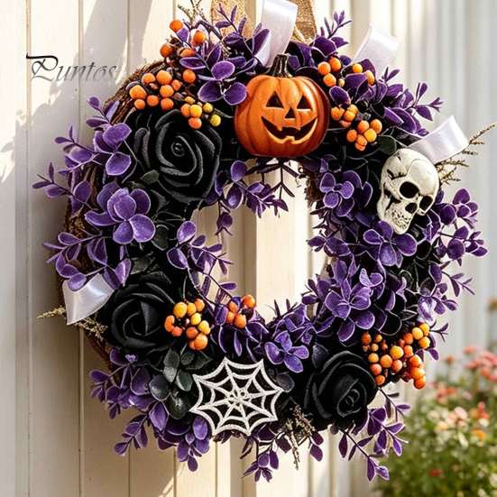 Halloween Window Decoration Wreaths for Front Door, Skull Pumpkin Wreath with Berries, Black Spooky Bat Cabin Party Props Roses, Purple Leaves Doors,