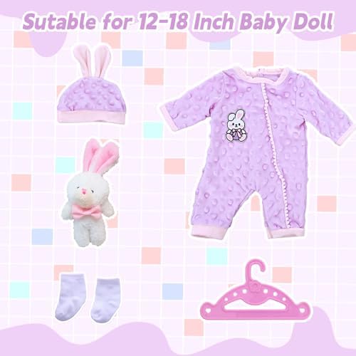 6-Piece Bunny Baby Doll Clothes Outfits for 12-18 Inch Dolls (30-43 cm), Includes Bunny Hat Socks & Hanger, Newborn Doll Clothing