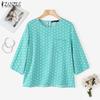 ZANZEA Women Casual Round Neck 3/4 Sleeve Polka Dot Print Loose Blouse
