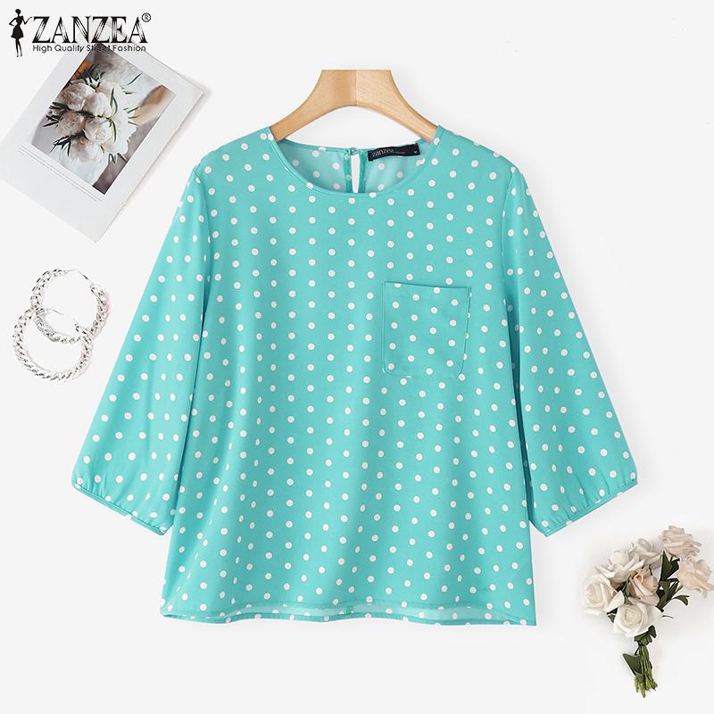 ZANZEA Women Casual Round Neck 3/4 Sleeve Polka Dot Print Loose Blouse
