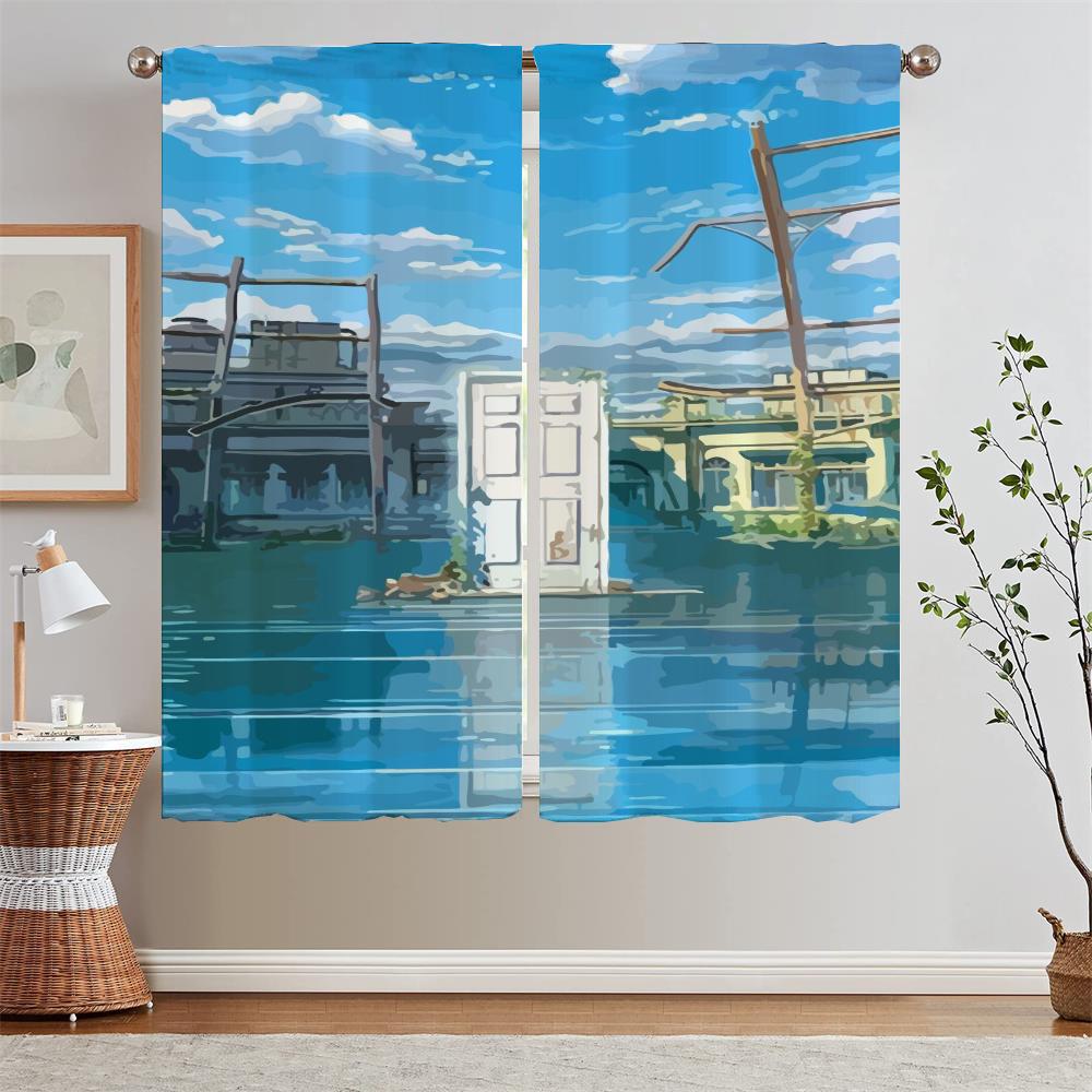 Hayao Miyazaki Modern Living Room Curtains for Camera Blind Blackout Curtain Tiebacks Partition Kitchen Curtains 2 Pcs Set Curls