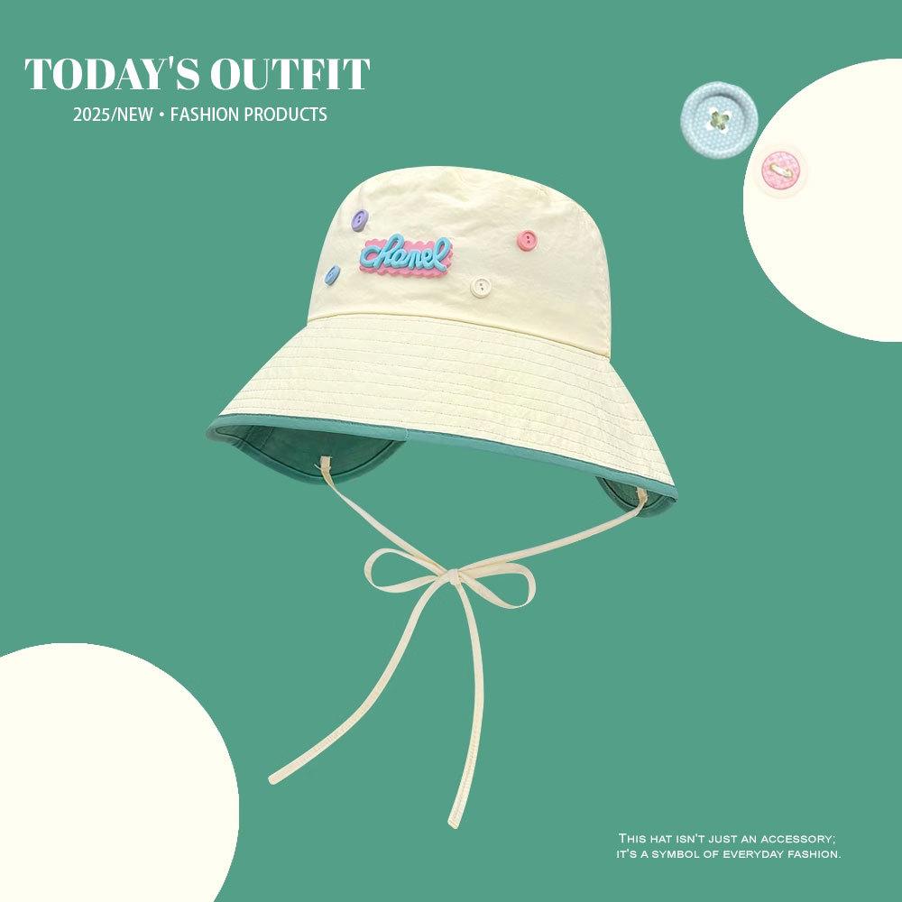 Women's Spring and Summer Travel Japanese Cute Button Quick Drying Letters Fisherman Hat Korean Face Showing Small Sun Protection Basin Hat