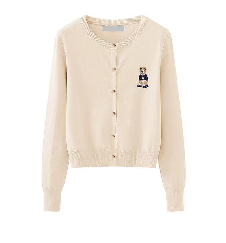 Podzimní preppy styl pletený kardigan s medvídkovou výšivkou, slim fit, všestranný top s dlouhým rukávem a kulatým výstřihem pro ženy