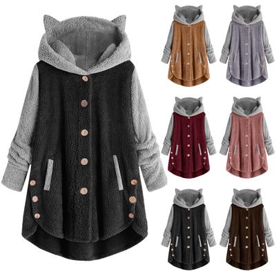 Winter Damenmantel Niedliche Katzenohren Samt Kapuze Unregelmäßiger Saum Knöpfe Plüschjacke Fleece Oversized Hoodie Mantel