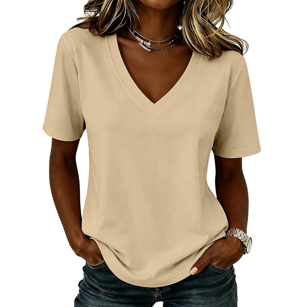 Camiseta Básica de Manga Curta com Gola V Casual Feminina Top Liso Confortável Caimento Solto Tecido Leve e Macio