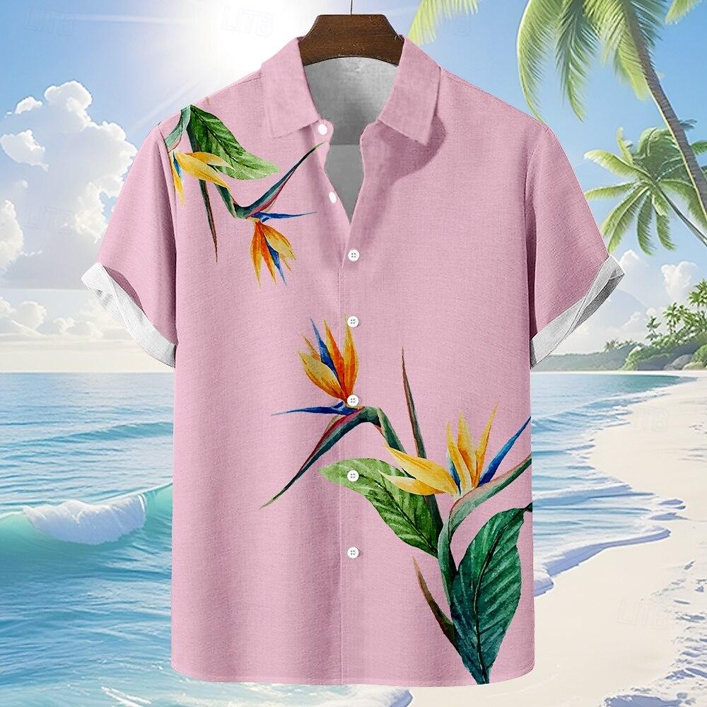 Men's Floral Tropical Hawaiian Shirt, Short Sleeve 3D Print Linen-Like Beach Shirt, Blue Pink Green Yellow